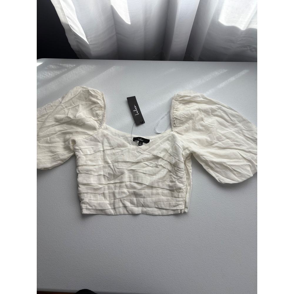 Lulus Ruched Crop Top Puff Sleeve Blouse‎ Square Neck White Size S